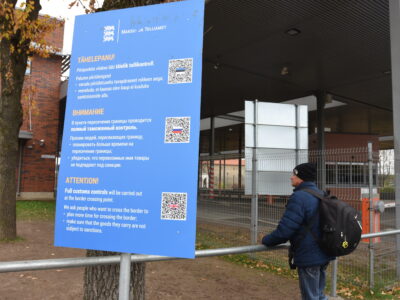 A traveler judging the situation at Narva-Ivangorod border checkpoint, in Narva.