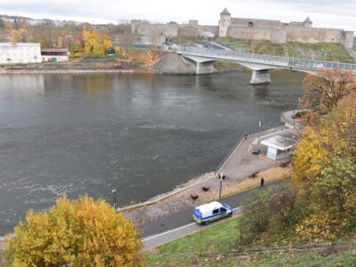 Estonian police patrolling the one-kilometer long Narva River promenade in the immediate vicinity of the border crossing bridge that since 2024 is open only to pedestrians.